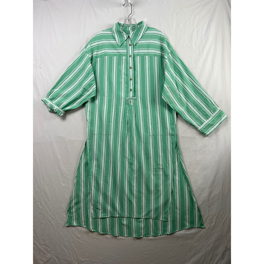 Anthropologie Shirt Dress Women S/M Green White Striped Relaxed Cotton Midi
